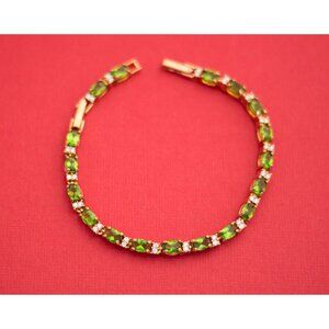 Vintage Gold/Green/Rhinestone Bracelet 8 Inch F1